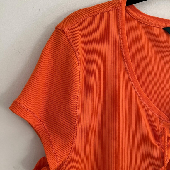 Lauren Ralph Lauren Shirt Womens XL Orange Ribbed Lace Up Neck Short Sleeve Top - Picture 3 of 12